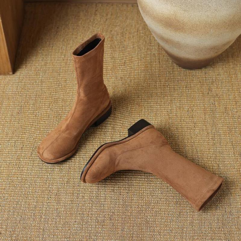 Autumn and winter comfortable suede elastic medium boots women's rubber soles square heel leather boots square head Korean version of the new knig