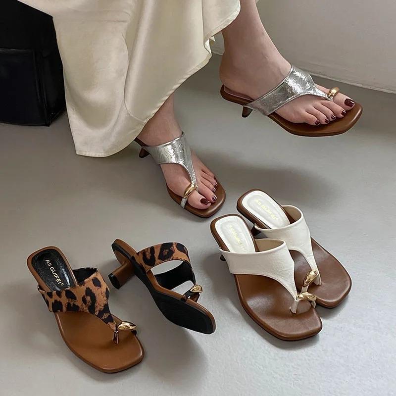 Fashion Metal Women Heels Slippers Sandals Shoes Female Flip flops Footwear Square Toe Ladies Heeled Slippers Slides Shoes