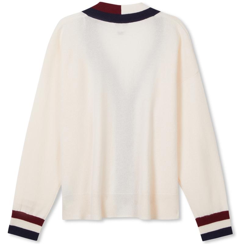 Tommy Hilfiger Classic American Vintage College Fashion Color-Block Button Loose V-Neck Comfortable Knit Sweater Women Sweater Off-White WW0WW39535