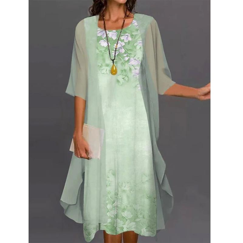 Plus Size Fashion Women's Printed Party Dress 2 Pcs Cardigan Elegant Round Neck Maxi Dresses Casual Long Chiffon Dresses Fashion Sets