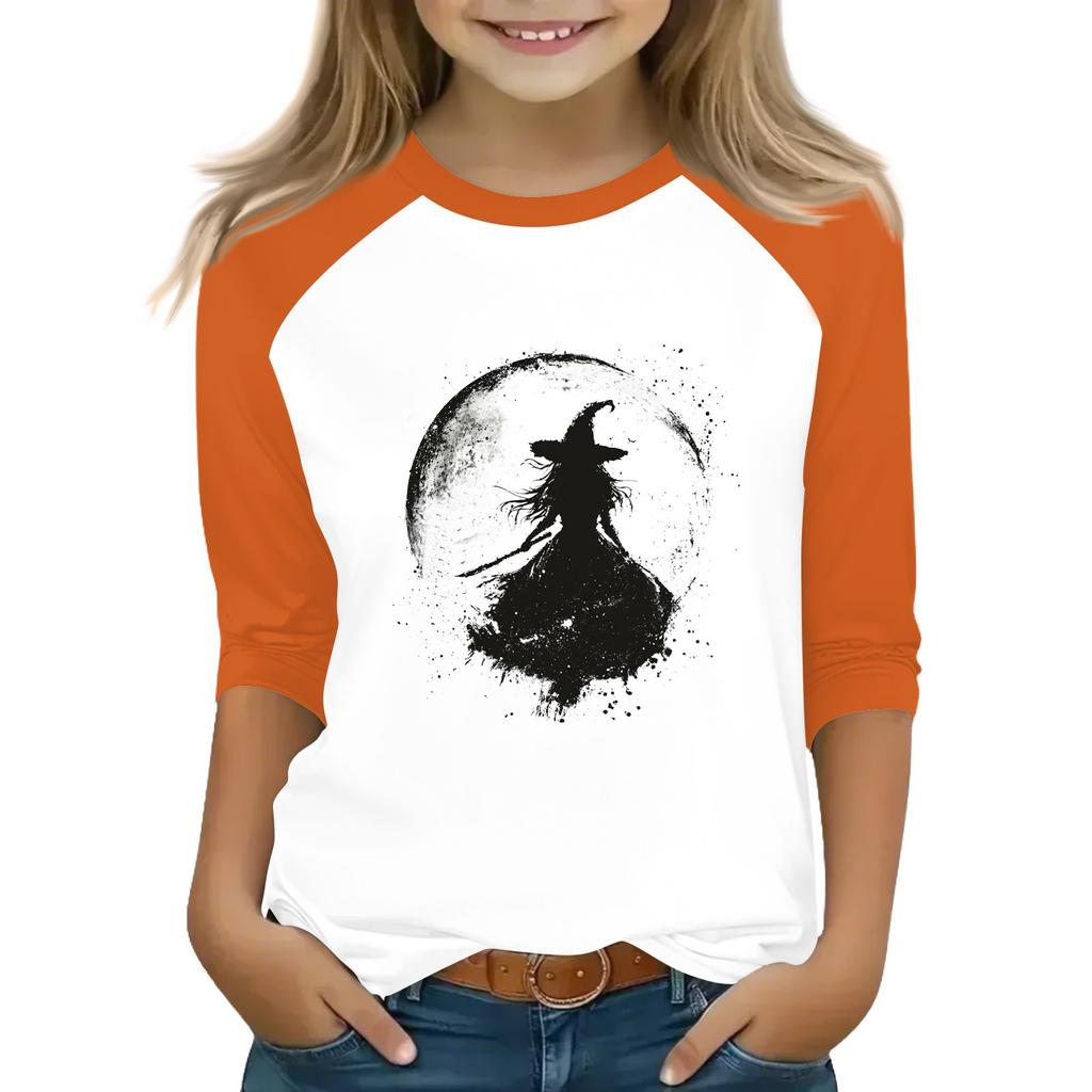 Tops For Youth Girls 4-16 Years Round Neck 3/4 Sleeves T-Shirts Trendy Tops Outfit Tees Halloween Day