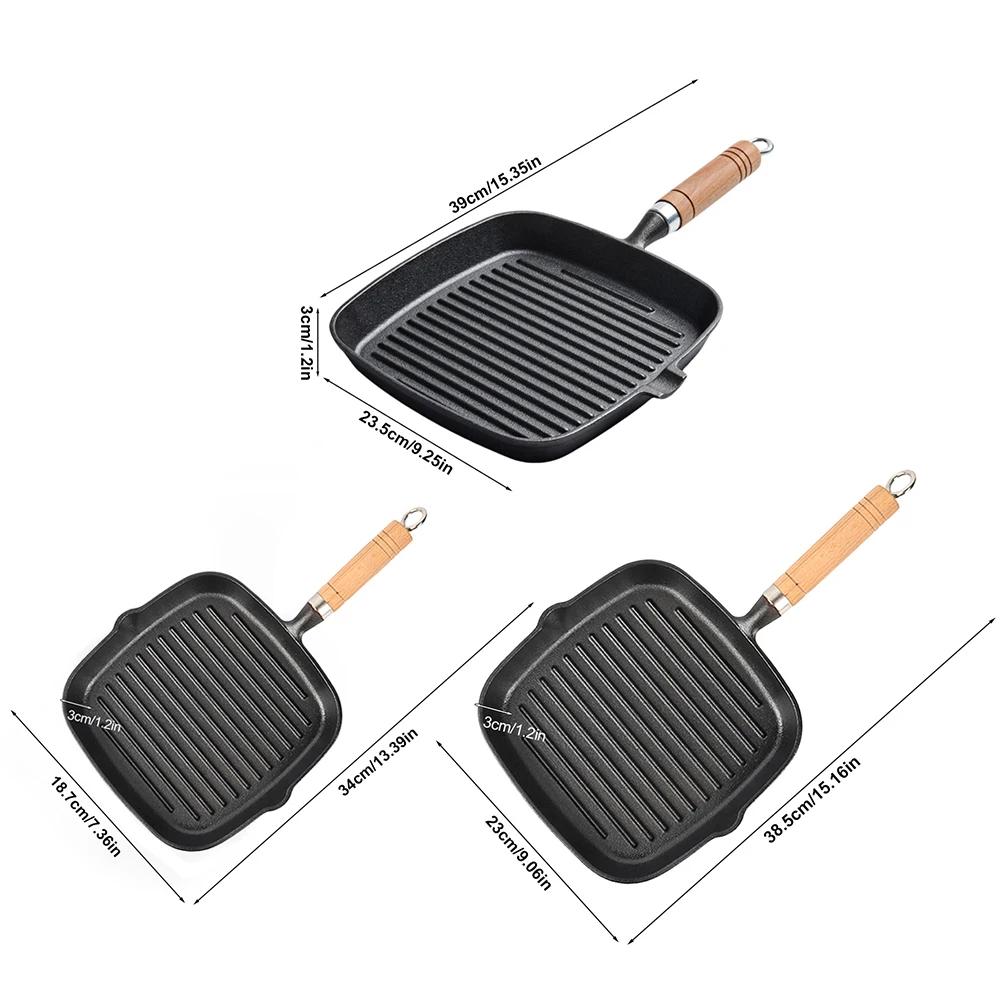 Cast Iron Grill Pan Non-Stick Square Skillet with Drip Spout with Wooden Handle for Indoor & Outdoor Grilling