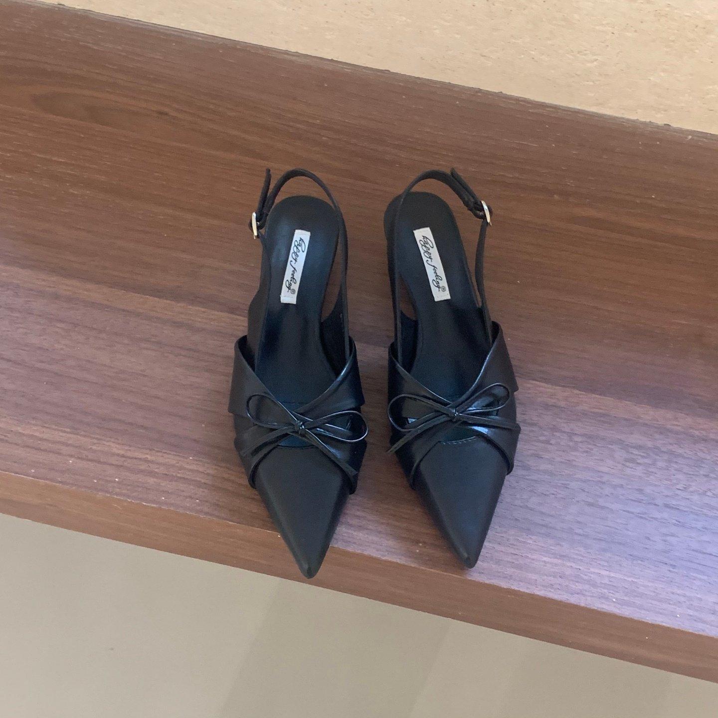 

French Pointed Head, Shallow Mouth, Back Strap Sandals, Spring Temperament, Evening Bow Cat Heel Single Shoes 35