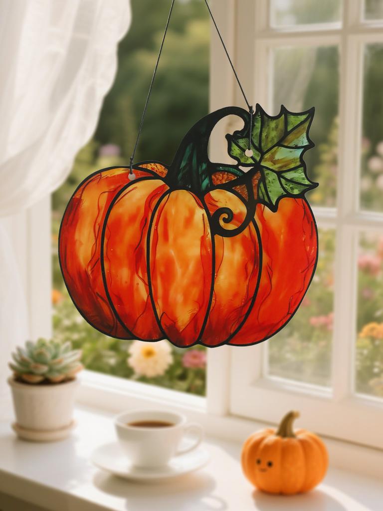 Halloween Pumpkin Hanging Ornaments Acrylic Suncatcher Cute Pumpkin with Leaf Design Window Pendant Wall Ornament for Home Gift