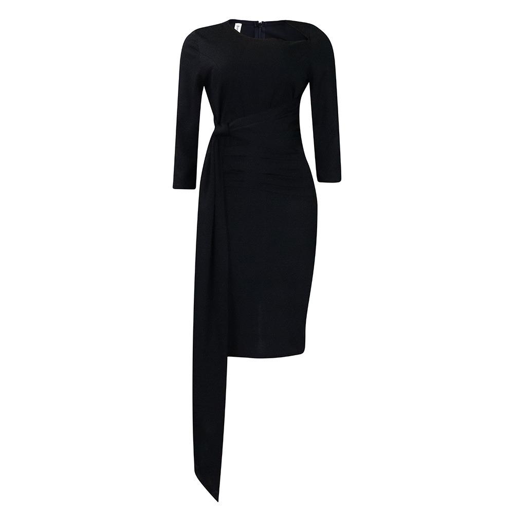 Women's Asymmetric Neck Three Quarter Sleeve Pencil Midi Dress Mid Waist Elegant Ruched Tie Office Dress