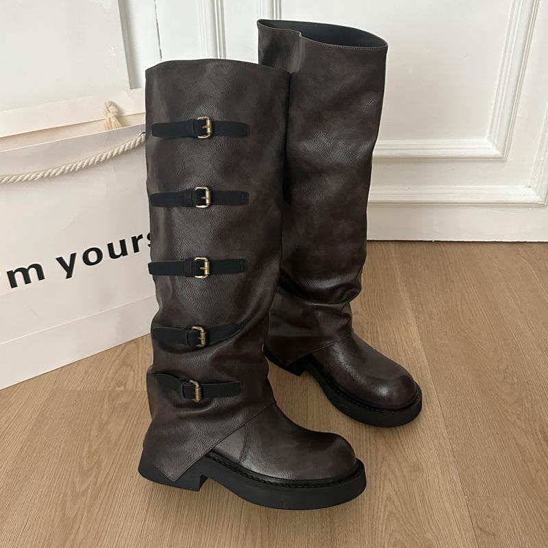 

Wasteland Wind But Knee Boots Women s 2025 Autumn and Winter Tall Knight Boots Retro Pile Boots Pants Tube Boots Women s Boots 40 темно-коричневого