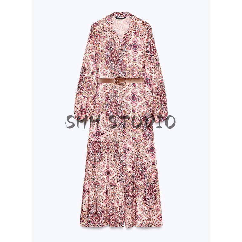 Spring New Women's Clothing Seaside Vacation Style Mid Length Long Length with Belt Print Midi Skirt Dress 2298061