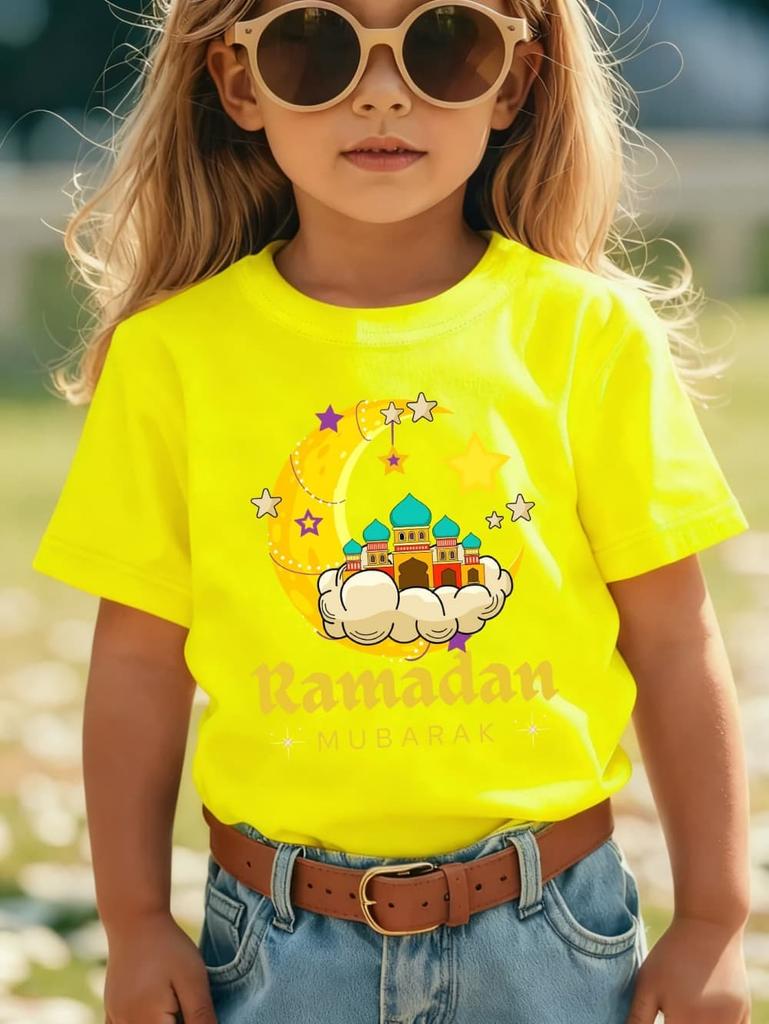 Moon Star Ramadan Print Girl Clothes Eid Mubarak Kid T-Shirt Islamic Muslim Outfit Short Sleeve Tops Holiday Children's Clothing