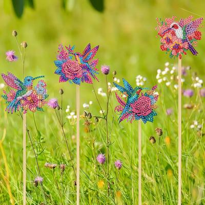 6PCS Diamond Flower Hummingbird Garden Markers DIY Garden Decor Diamond Painting Art Kits Bird Floral Diamond Painting Decor