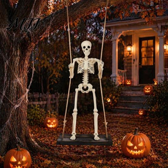 Indoor Outdoor Party Ornament Halloween Swinging Skeleton Decoration, 35" Large Spooky Hanging with Creepy Porch Decoration Wooden Swing for