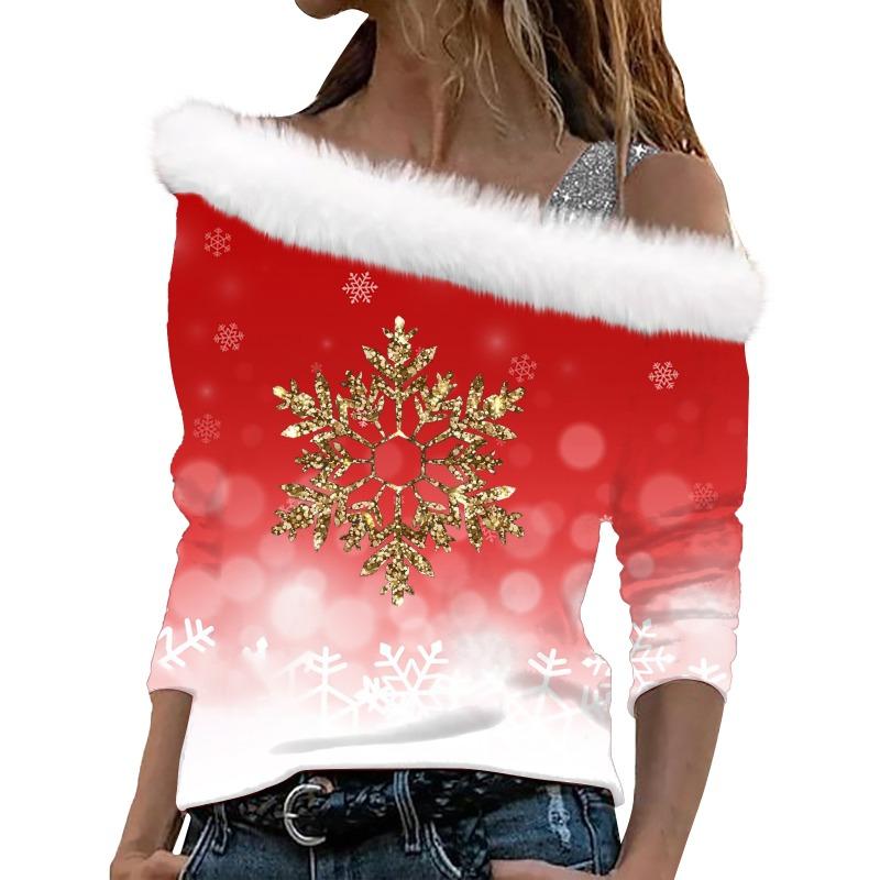 Damski top z długim rękawem z ukośnym kołnierzem Modny damski luźny sweter z nadrukiem świątecznym z odkrytymi ramionami