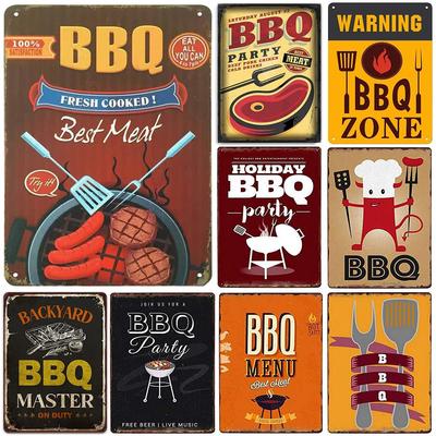 Vintage Varning BBQ-zon Pappas BBQ Metallplåtskyltar Affischer Plåt Väggdekorativ för Hem Barer Kaféer Klubbar Retro Affischer Plakett