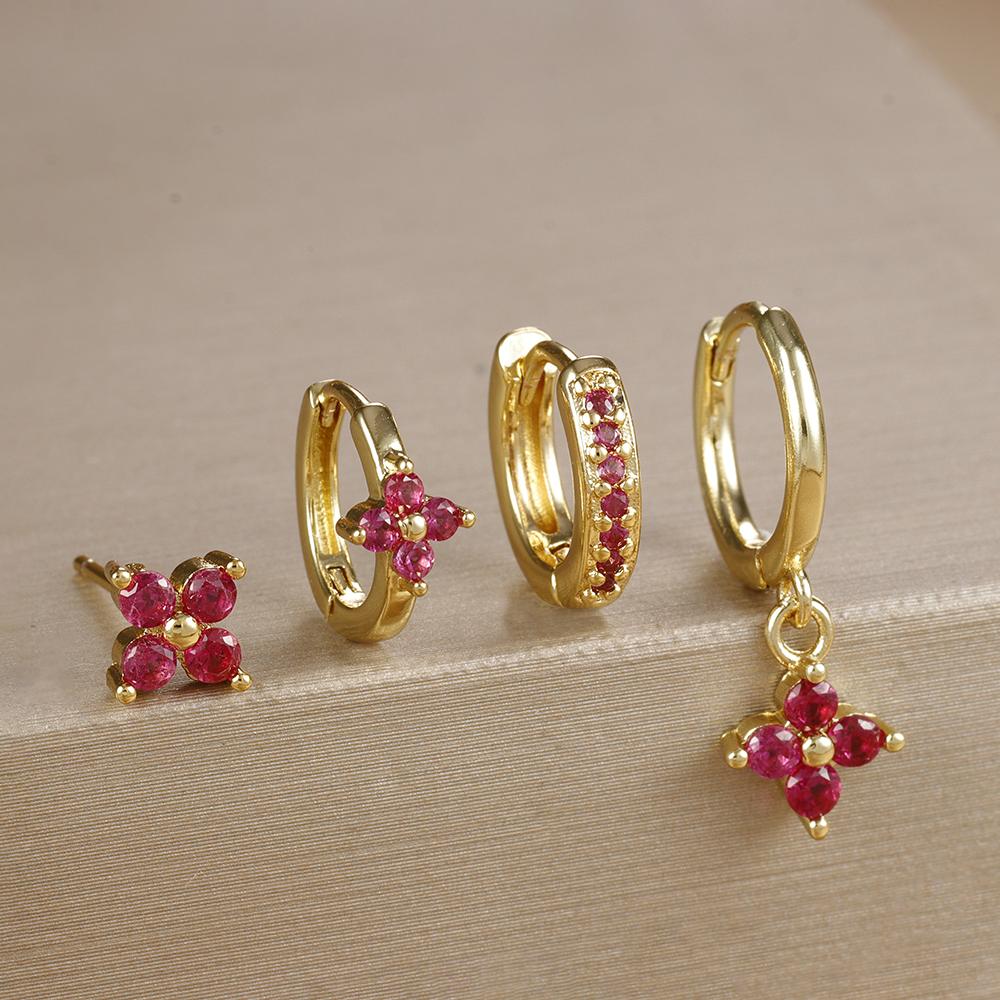 4pcs Fashion Cubic Zirconia Flower Hoop Earrings Set 18K Gold Plated Stainless Steel Stud Earring Piercing Jewelry Aretes Mujer