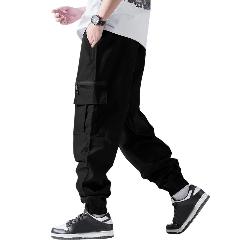 Men's Casual Outdoor Cargo Pants Drawstring Waist Adjustable Jogger Style Multi Pocket Functional Workwear Tapered Ankle Length