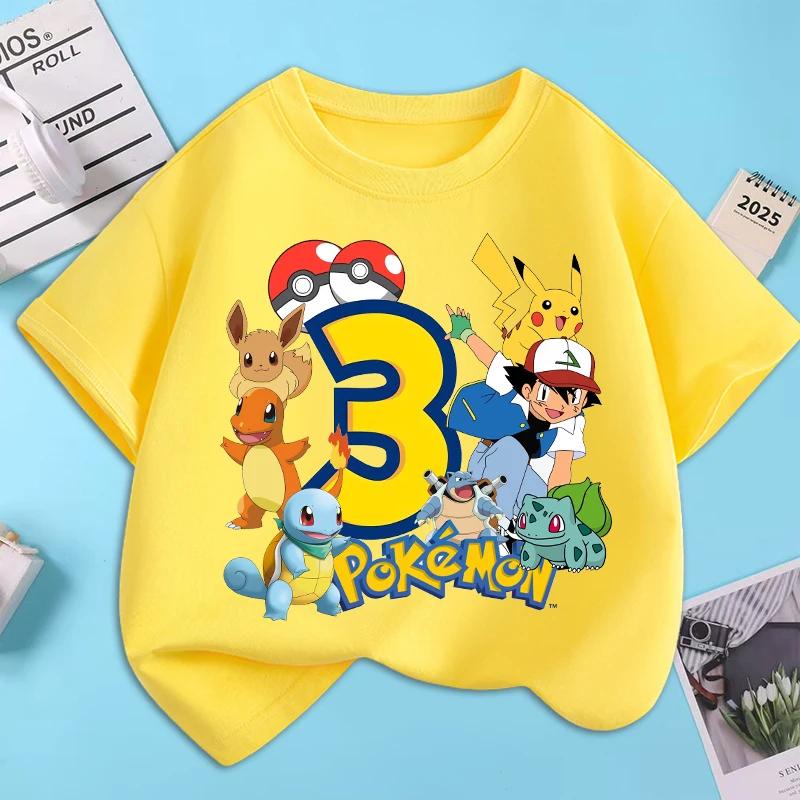 Pokemons Cartoon Number Birthday T-shirts Pikachu Anime Cute Short-sleeved Top Boys Girls Summer Fashion T-shirt Kids Clothes