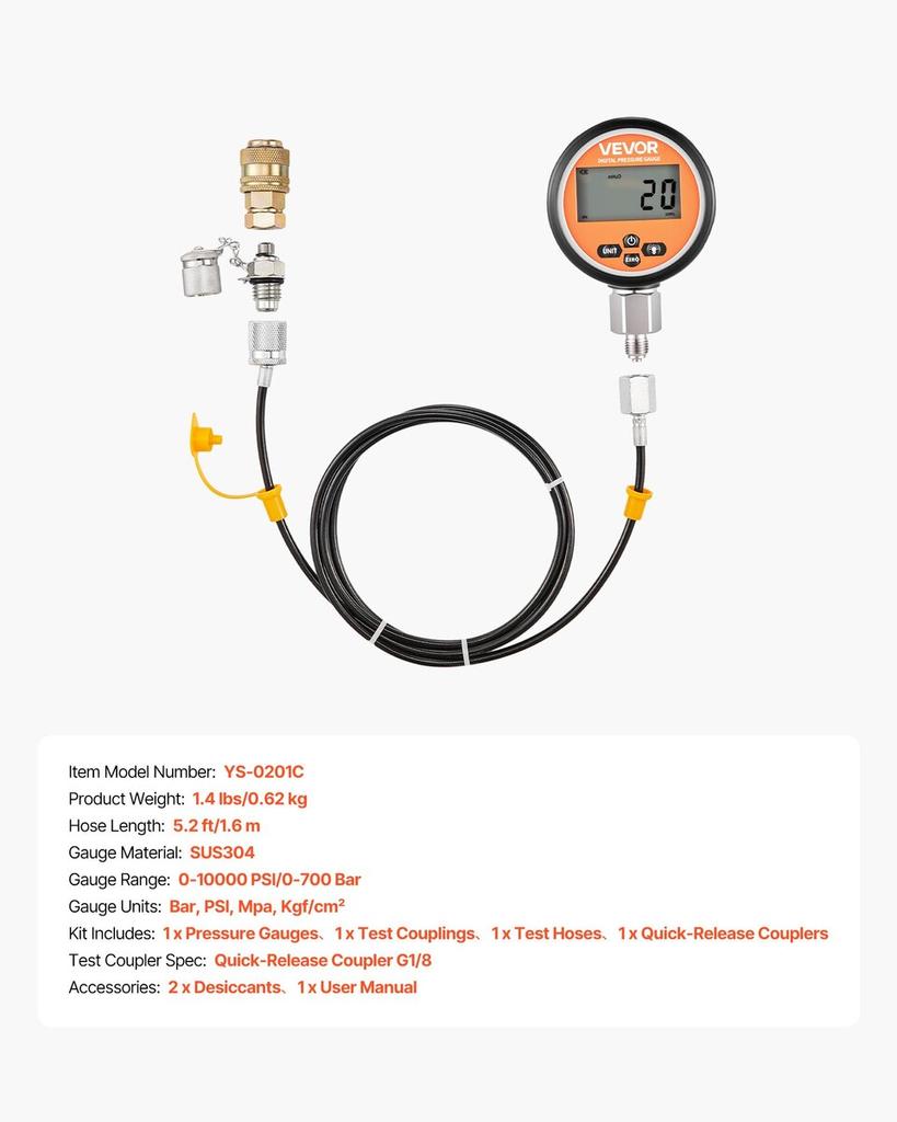 Digital Hydraulic Pressure Test Coupling Kit, 700 Bar Pressure Gauge Manometer Tester with 1 Gauge, 1 Test Coupling, 1 Quick-Release Coupler, and 1