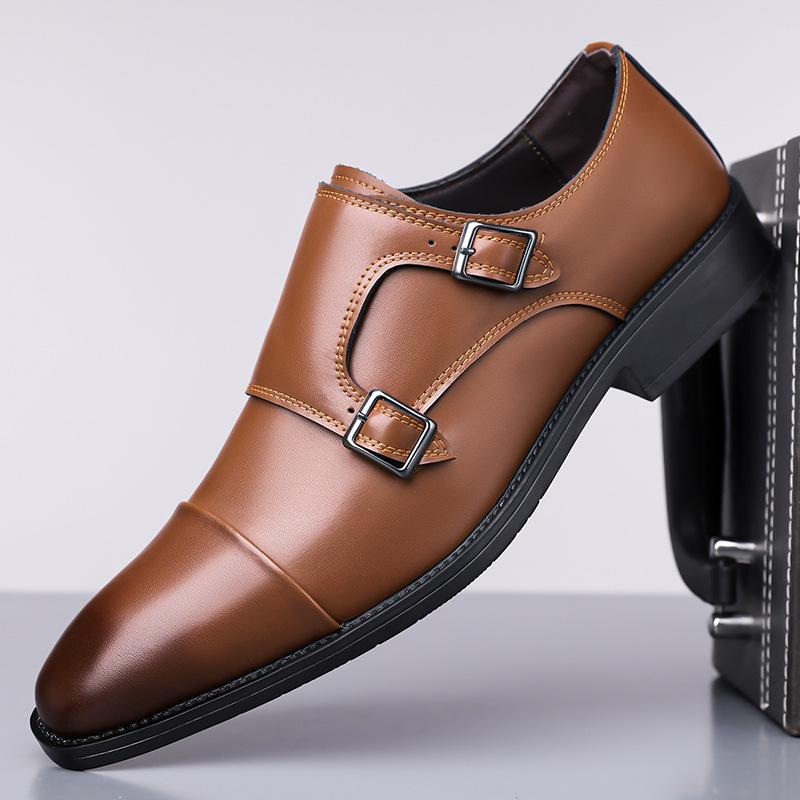 Britain Gentleman Retro Men Pointed Monk Strap Loafter Patchwork Flats Leather Shoes Casual Loafers Formal Dress Footwear