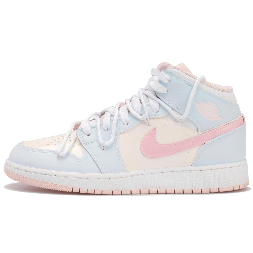 Jordan Air Jordan 1 Slip Resistant Abrasion Resistant Mid Top Vintage Basketball Shoes GS White Pink Blue FD8780-601(Team-)-Random Packaging Bags