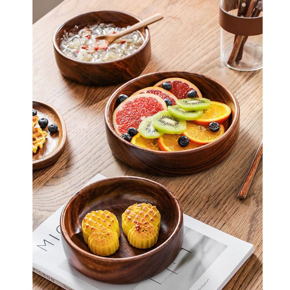 Handmade Wooden Salad Plate Round Snack Serving Tray Vintage Solid Wood Bowl  Hotel