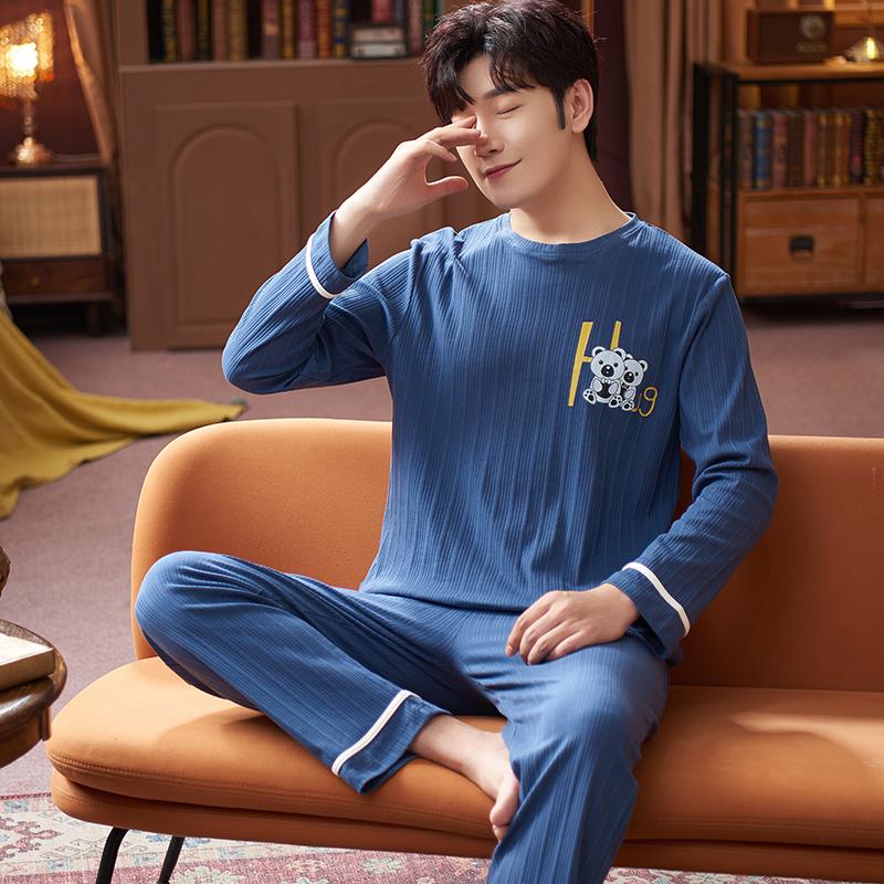 Spring Cotton Men's Pijamas Set Plus Home Clothes Male Nightwear 2Pcs/Set Casual Loungewear Long Sleep Top & Pant
