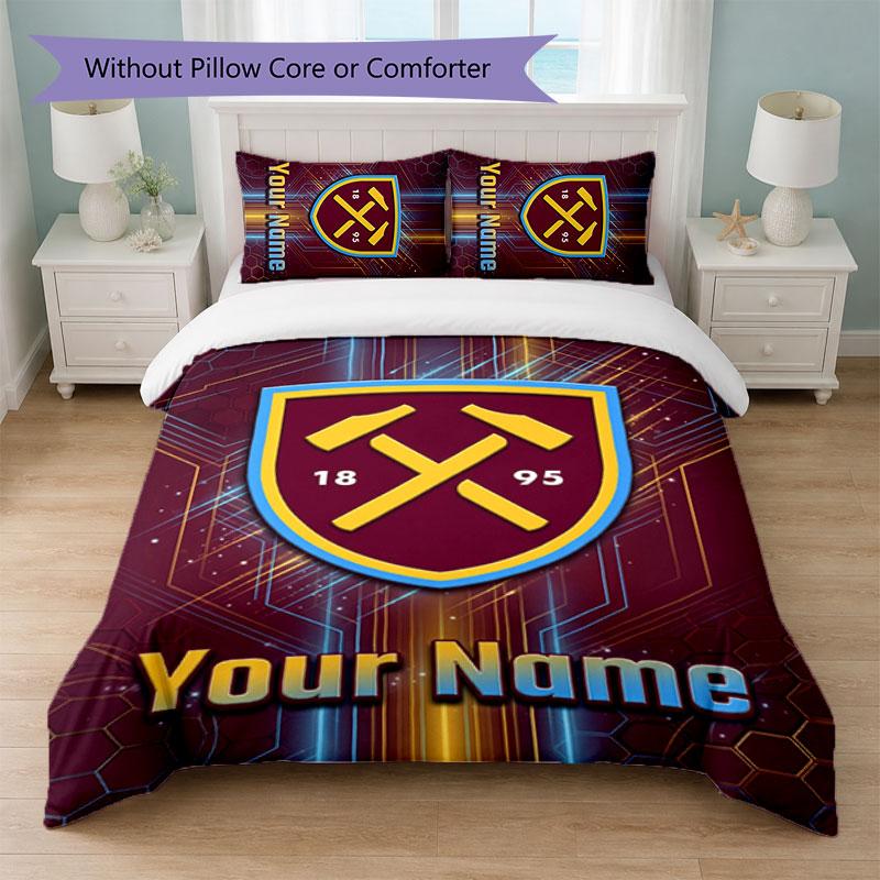 West Ham United FC Individuelles Namens-Text-Bettwäscheset 1 Bettbezug+2 Kissenbezüge Fußball-Logo Personalisierte Geschenkidee für besondere Anlässe Schlafzimmerdekoration