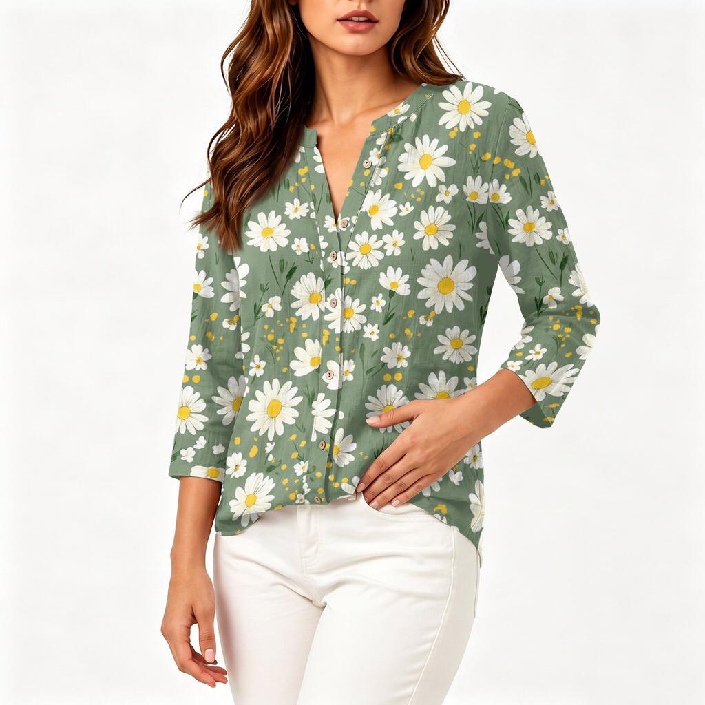 Women Vintage Floral Print Henley Button Neck Shirt Three Quarter Sleeve Linen Cotton Blouse Casual Loose Fit Top for Everyday Wear