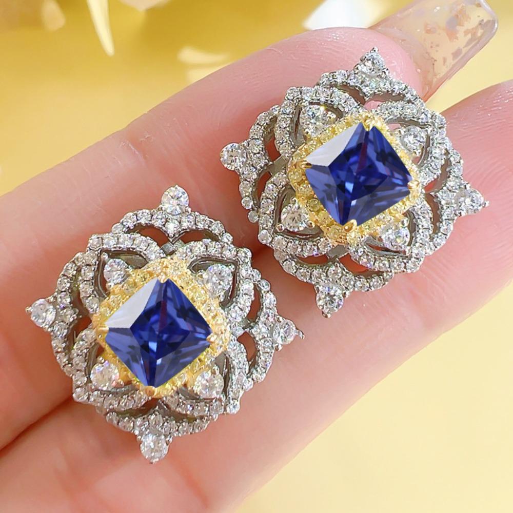 Fashion Vintage Women Jewelry Set Yellow Diamond Flower Ring Princess Cut Pendant Earrings Royal Blue Necklace