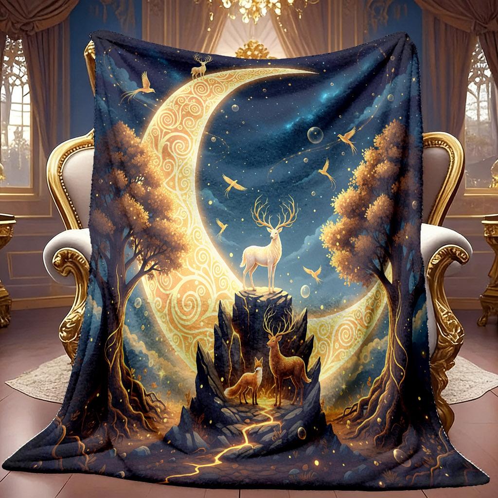 A 2D Dreamy Moonlit Forest Animal-themed Flannel Blanket, Featuring Soft High-definition Digital Printing, Suitable As a Cooling Blanket for Year-roun