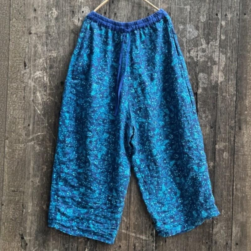 Johnature Women Vintage Wide Leg Pants Elastic Waist Pockets Autumn Loose Trousers Print Floral Belt Soft Pants