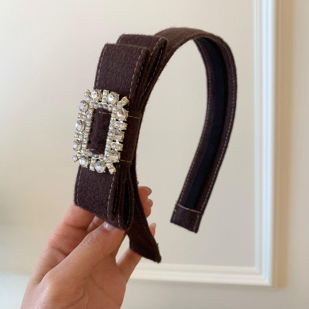 Korean Style Rhinestone Bow Headband Vintage Flocking Hair Hoop Wide Edge Hairband  Lady