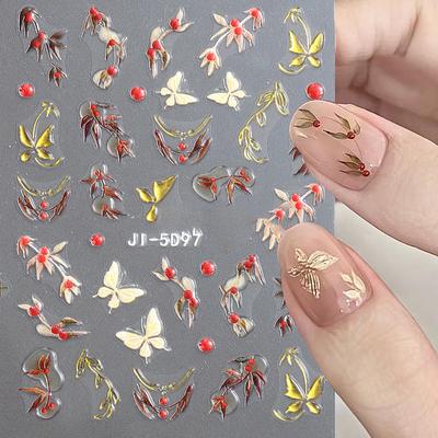 Rote Kirsche Rowknot 3D Nagelsticker Selbstklebende Nagelkunst Dekorationssticker Für Frauen Maniküre DIY Abziehbilder Dekoration