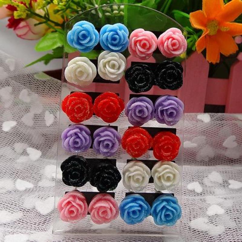 12 Pairs Women's Fashion Rose Flower Mixed Color Flower Ear Stud Earring