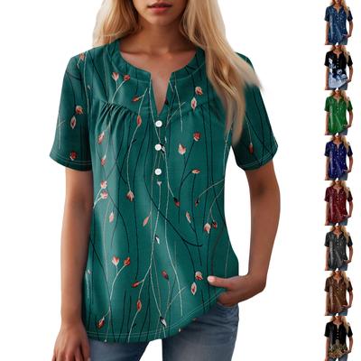 Damen-T-Shirt mit lässigem Blumendruck, V-Ausschnitt, kurzen Ärmeln und dekorativen Knöpfen