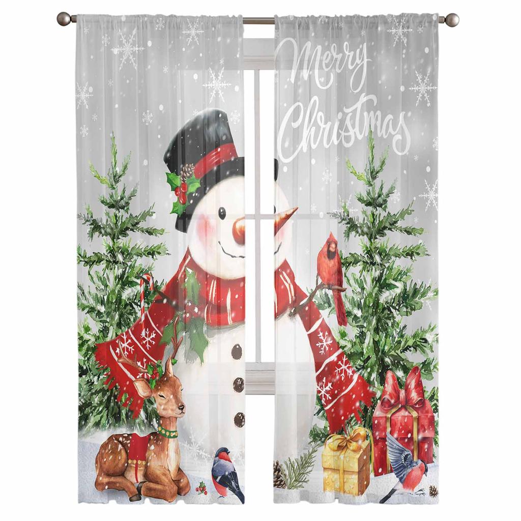Christmas Winter Snowman Elk Curtains For Living Room Bedroom Home Decoration Window Voile Tulle Curtain Drapes