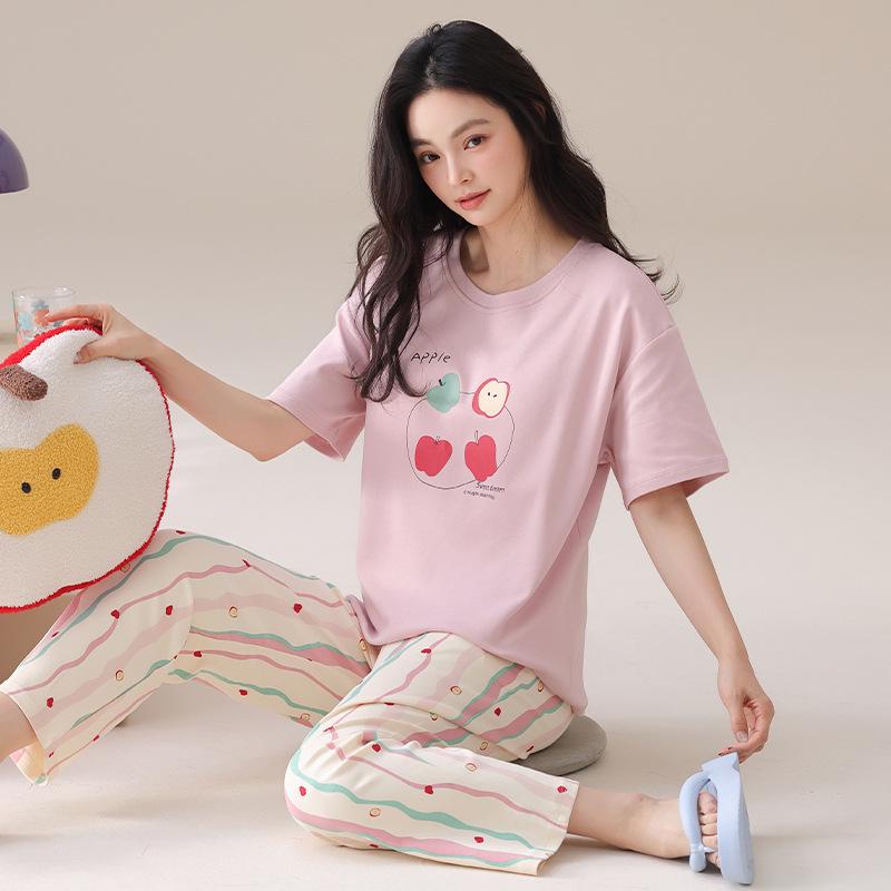 

Летний женский хлопковый пижамный комплект в горошек - Топ с коротким рукавом и длинные брюки для дома или улицы Size XL