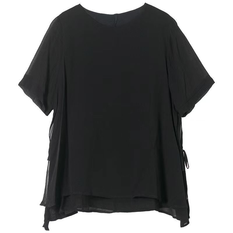 Camisa de Chifón para Mujer Verano Versión Coreana Cuello Redondo Talla Grande Manga Corta Top Suelto Camisa Pequeña para Mujer