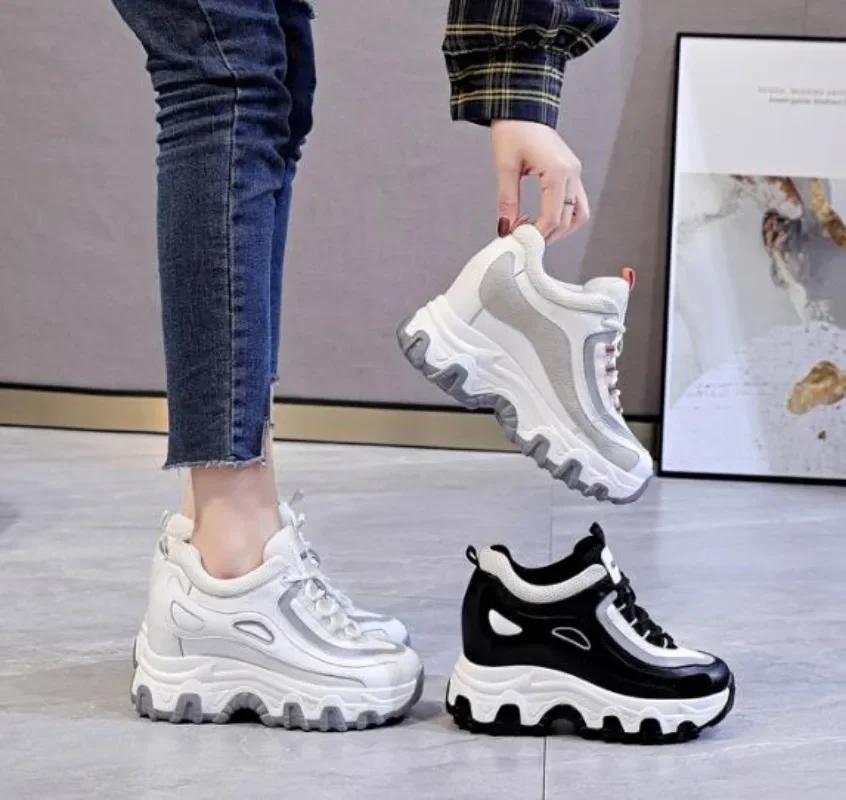 Fashion 9CM Genuine Leather Platform Wedge Hidden Heel Women Casual Shoes Chunky Sneakers Za Ins Fashion Winter Warm Sneakers Boot
