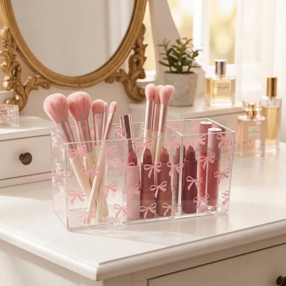 Transparent Makeup Brush Holder 3 Grids Stationery Storage Box Pen Display Case  for Living Room