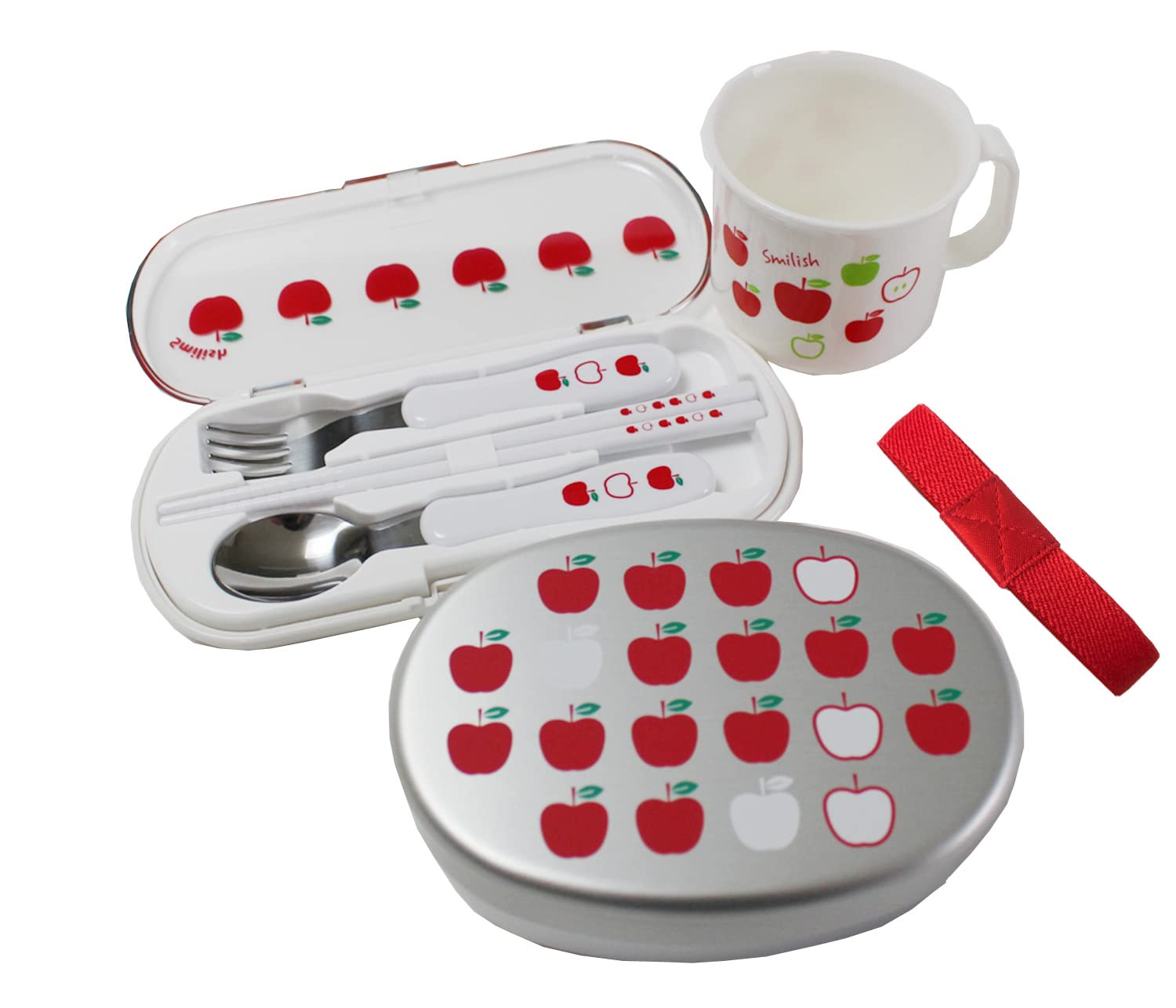 

3-Piece Lunch Set for Kindergarten (Aluminum Lunch Box with Inner Lid, Cutlery Set, Heat-Resistant Cup) Apple Pattern