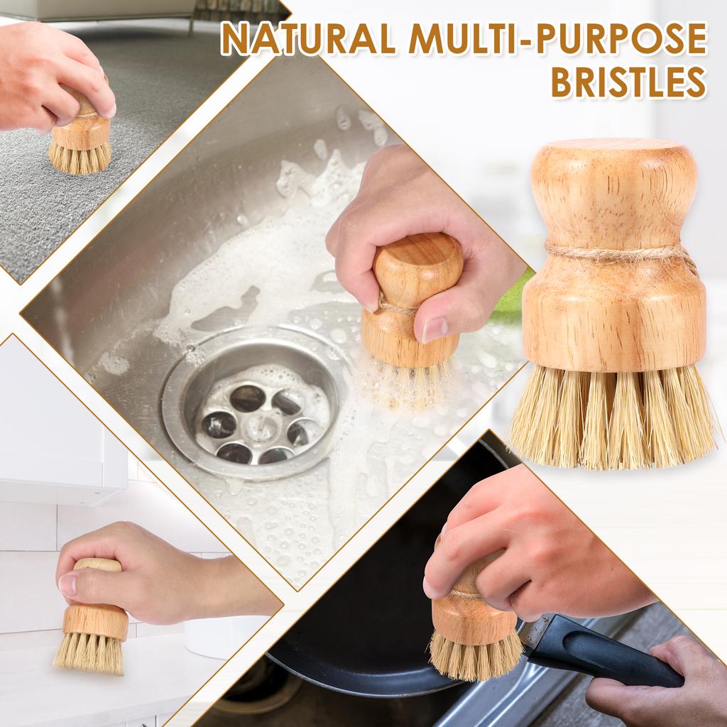 3Pcs Dish Brush Natural Dish Scrub Brush Wooden Cleaning Brush with Handle Kitchen Cleaning Tools for Washing Cast Iron Pan/Pot