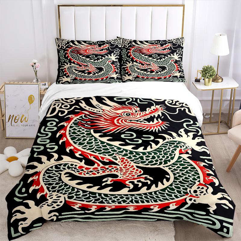 3pcs Chinese Dragon Bedding Set, Including 1 Quilt Cover and 2 Pillow Shams, Without Filling, Soft and Comfortable Home Bedroom Fabric, Fash