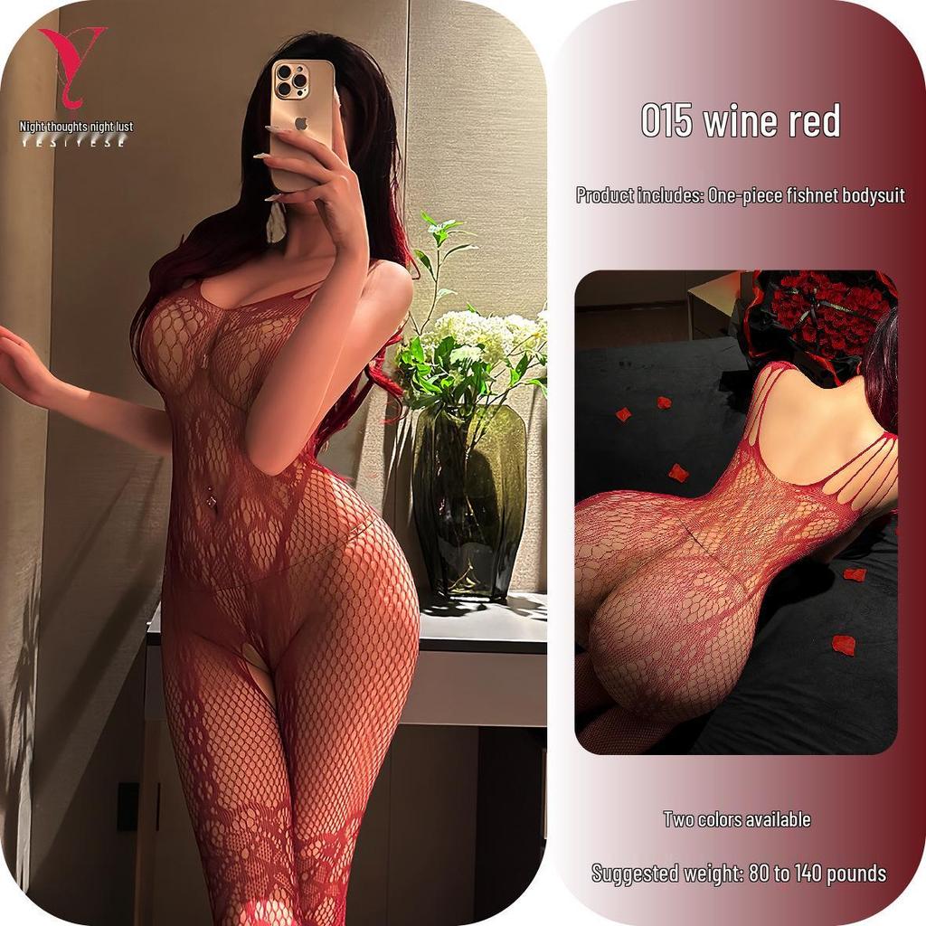 Plus Size Tearable Crotch Fishnet Bodysuit & Stockings - Sexy Hollow-Out Lingerie 015