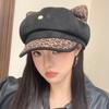 Spring and Autumn New Cute Leopard Print Cat Ears Beret Retro Big Head Circumference Showing Face Small Octagonal Hat