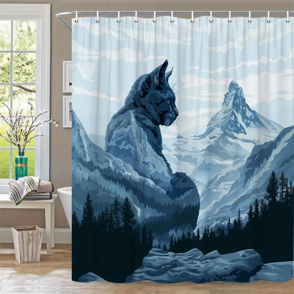 1 Stück Mystische Bergkatzen-Gesichts-Felsformation Duschvorhang - Kühl Blau-Grau Fantasy-Kunst mit nebelverhangenen Gipfeln & Dunklem Immergrünem Wald