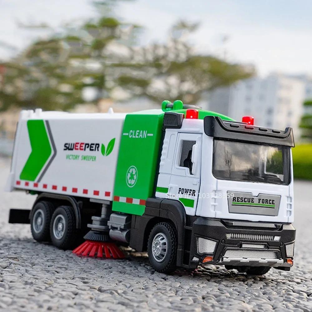 1/32 City Sweeper Model Toy Car Metal Diecast Sanitation Garbage Trucks Sound Light Pull Back Engineering for Kids Edutainment