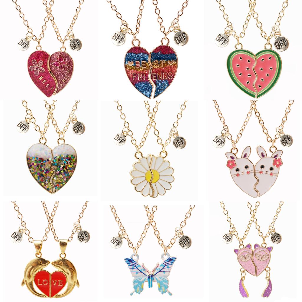 2 Stück/Set Beste Freunde Anhänger Halskette Für Frau Magnetisch Verstellbar Regenbogen Gänseblümchen Liebhaber Zerbrochenes Herz Kette BFF Schmuck Geschenke