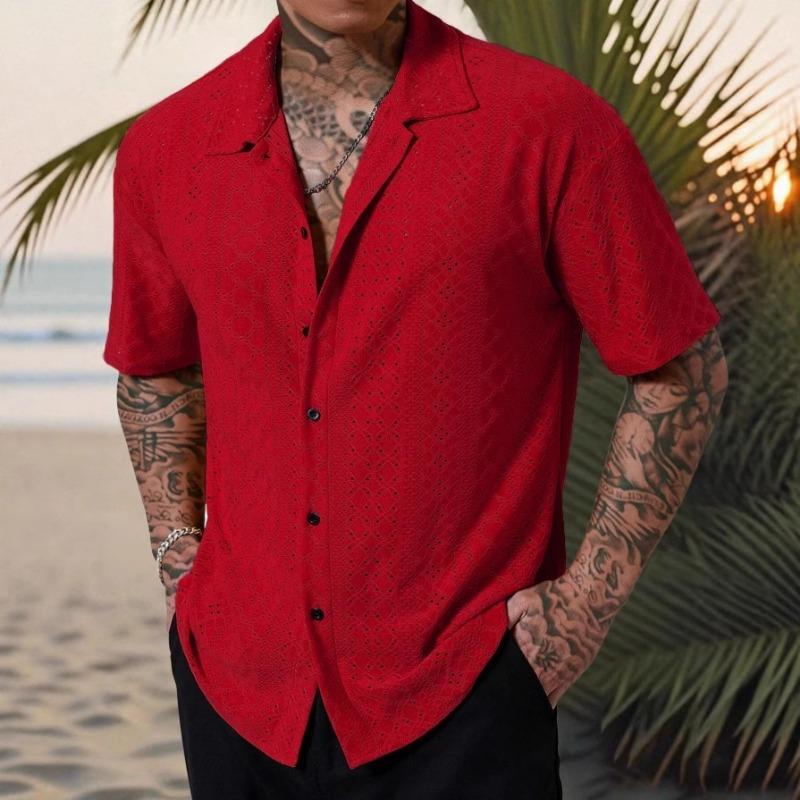 Spring Popular Men's Hollow Jacquard Short Sleeve Shirt Versatile Casual Breathable Comfortable Top