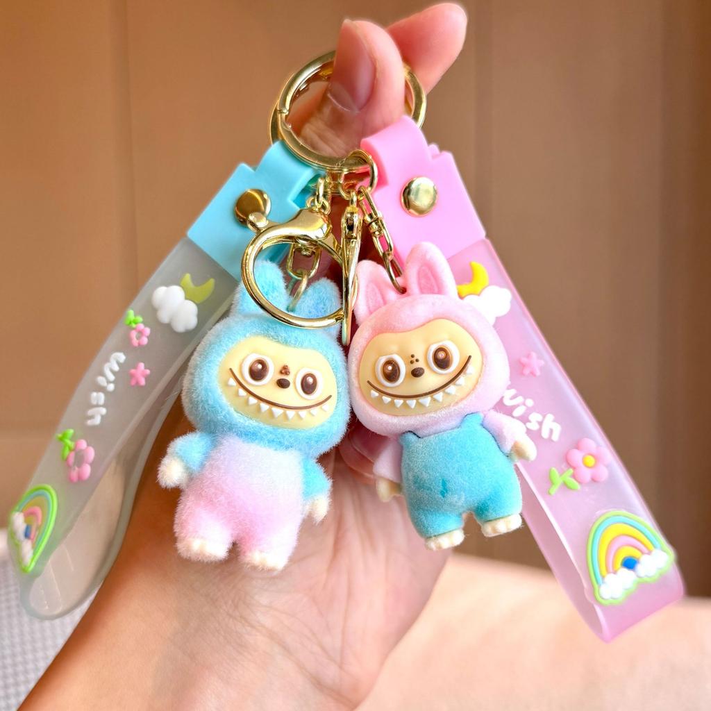 Cartoon Rab Flocked Keychain Pendant Labubu Schoolbag Pendant Cute Three-dimensional Doll Key Chain