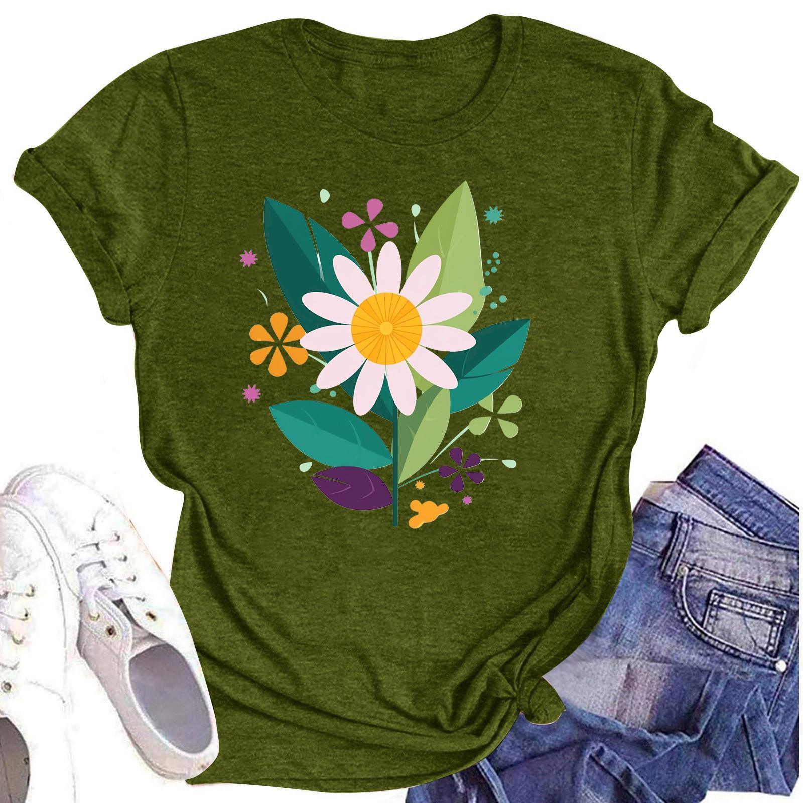 

Женская повседневная футболка с круглым вырезом и цветочным принтом, короткий рукав L армия зеленый