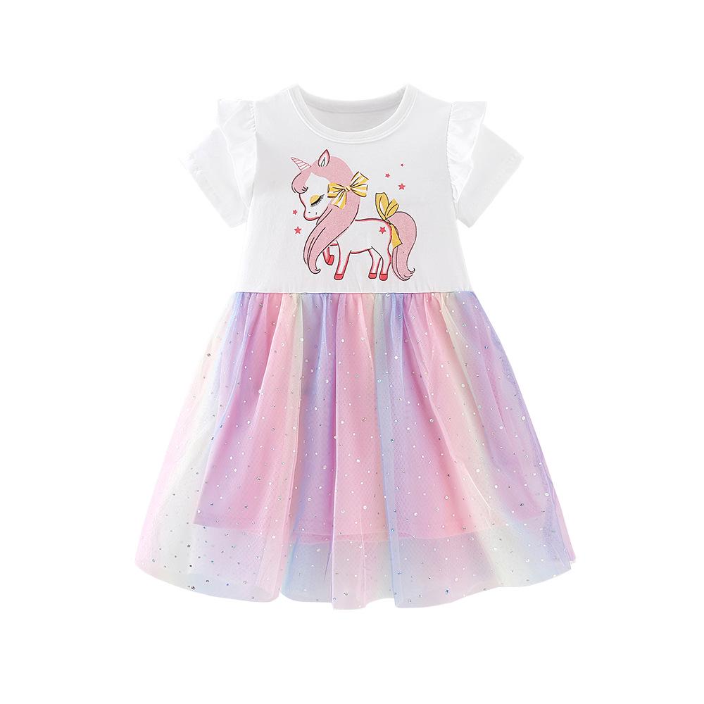 

European & American Girls Unicorn Print Mesh Dress: Short Sleeve, Round Neck, Spring/Summer Styles, In Stock. 4Y (110cm)